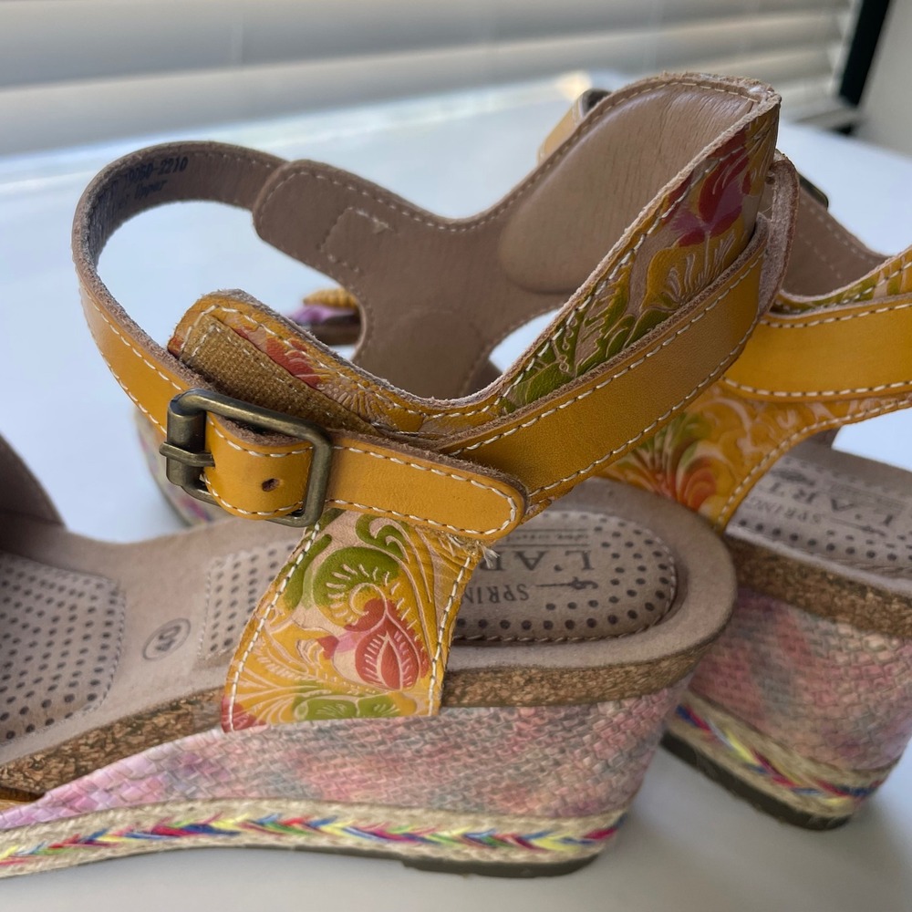 L'ATISTE Yellow Floral Leather Wedge Sandals with Pink Flower Accent - Picture 7 of 12